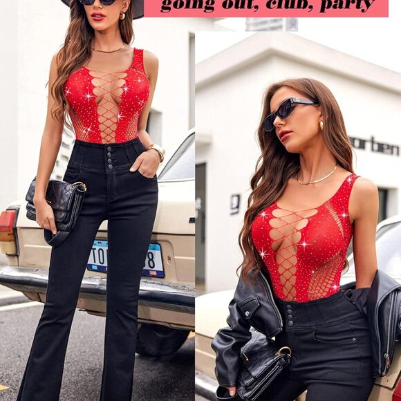 Rhinestone Bodysuit Tops Sparkle Fishnet Lingerie Sexy Outfit for Women Mesh Bod - Picture 6 of 7